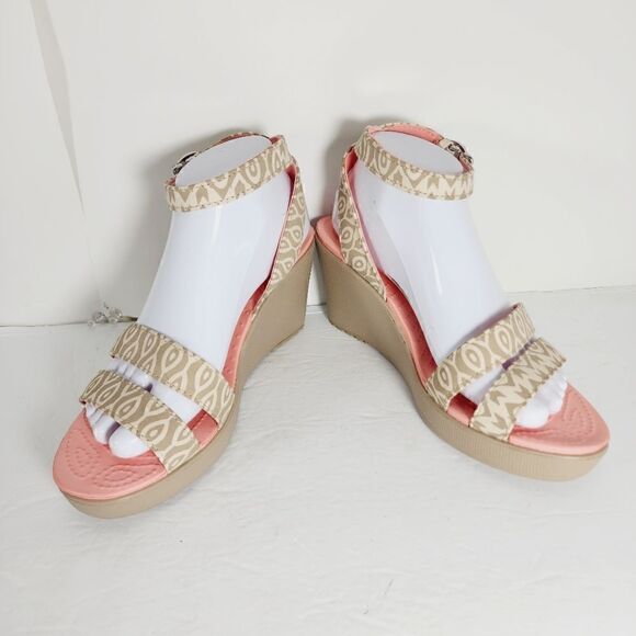 Crocs Women's Leigh Size 9 Ankle Strap Pink Gray Wedge Strappy Sandals - Picture 3 of 13
